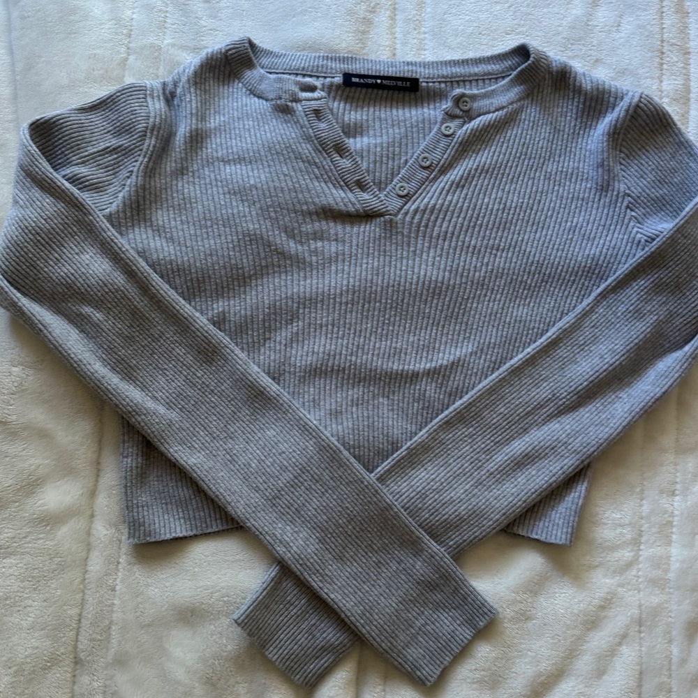 Brandy Melville S Light Gray Ribbed V-Neck Button Sweater